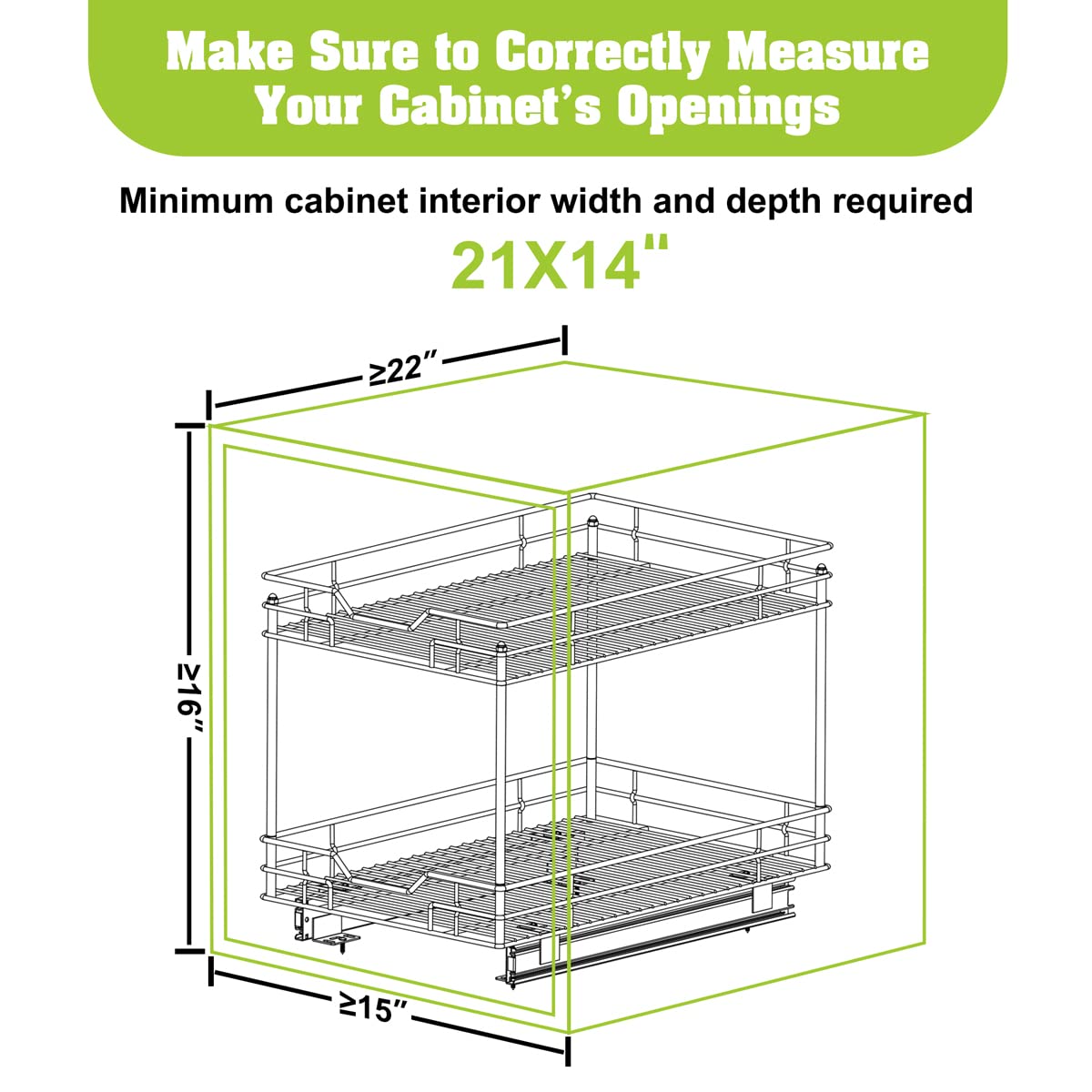 BONADOM 2 Tier Pull Out Cabinet Organizer(21''Dx14''W) Heavy Duty Slide Out Drawers for Kitchen Cabinets Storage Kitchen Roll Out Shelf Storage for Pots, Pans Cabinet Drawers Slide Out