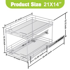 BONADOM 2 Tier Pull Out Cabinet Organizer(21''Dx14''W) Heavy Duty Slide Out Drawers for Kitchen Cabinets Storage Kitchen Roll Out Shelf Storage for Pots, Pans Cabinet Drawers Slide Out