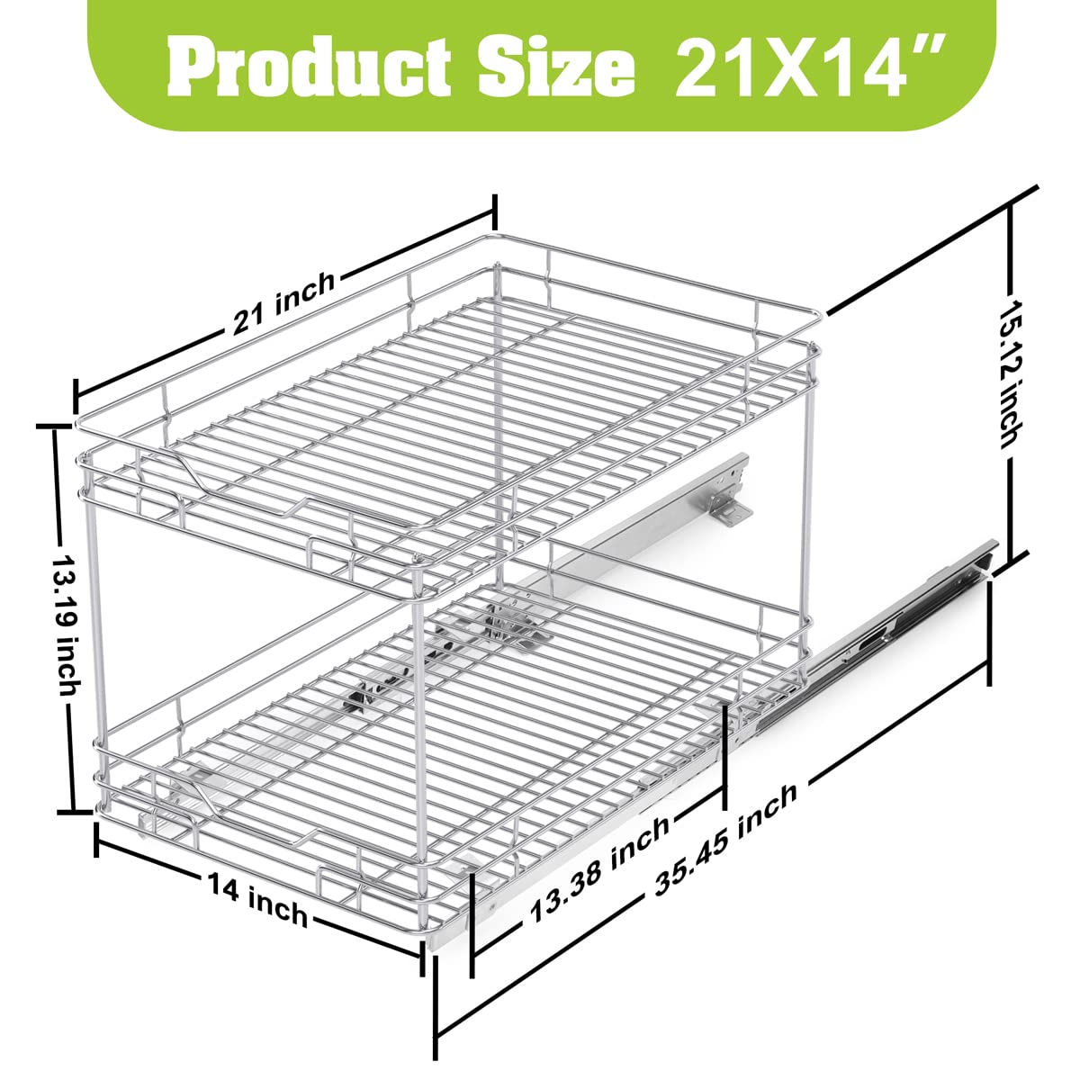 BONADOM 2 Tier Pull Out Cabinet Organizer(21''Dx14''W) Heavy Duty Slide Out Drawers for Kitchen Cabinets Storage Kitchen Roll Out Shelf Storage for Pots, Pans Cabinet Drawers Slide Out