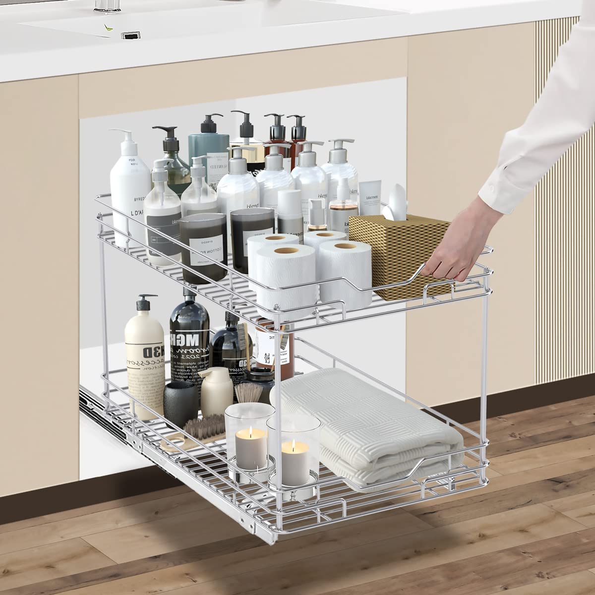 BONADOM 2 Tier Pull Out Cabinet Organizer(21''Dx14''W) Heavy Duty Slide Out Drawers for Kitchen Cabinets Storage Kitchen Roll Out Shelf Storage for Pots, Pans Cabinet Drawers Slide Out