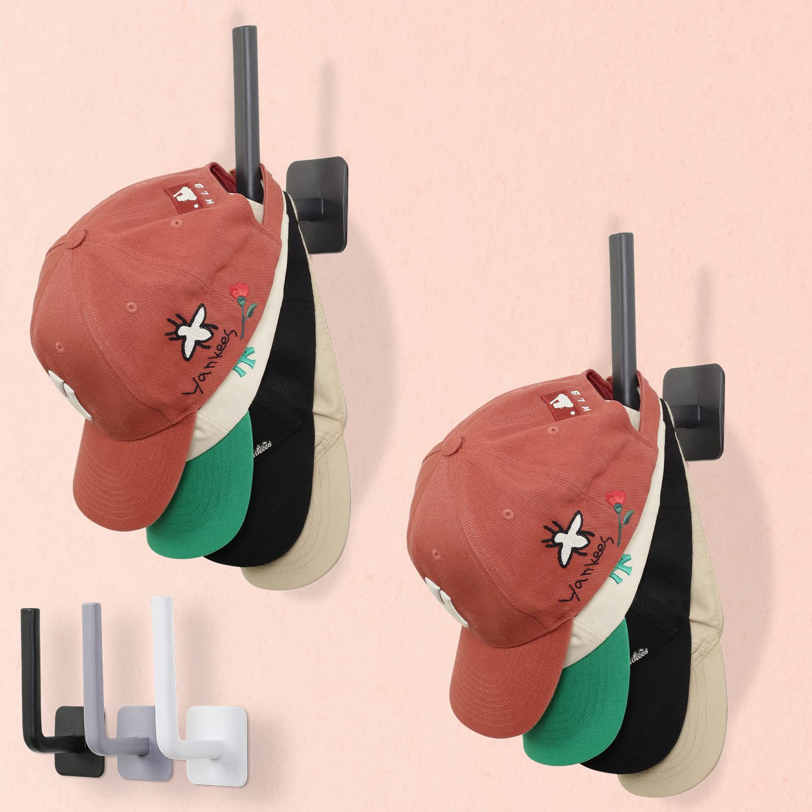 Funnacle Hat Rack for Baseball Caps Adhesive Hat Hooks for Wall, Hat Hanger Storage Baseball Cap Organizer, No Drilling Strong Hat Holder for Door, Closet, Bedroom,Office（Black, 2 Pack）