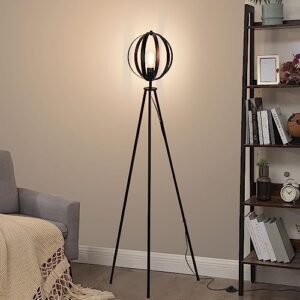 junnai black tripod floor lamp: simple industrial tall lamp with rotating cage shade & e26 lamp base | mid century standing lamp for living room, bedroom, office