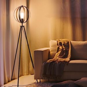 junnai vintage tripod floor lamp: unique retro tall lamp with rotating cage shade & e26 lamp base | mid century standing lamp for living room, bedroom, office