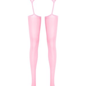 MSemis Women's Oil Silk Sheer Pantyhose Hollow Out Suspender Legging Tights Thigh High Stockings Hosiery Pink Garter One Size