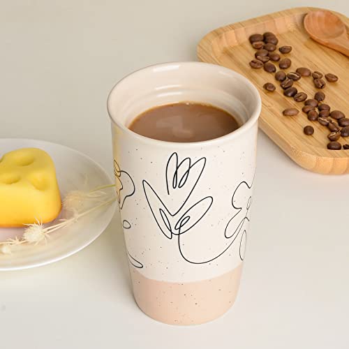 ANTIS'S HOME Ceramic Coffee Mug with Lid, Flower Pattern Double Wall Coffee Travel Mug Ceramic Tumbler 10 oz, Reusable Tall Cup, Splash Resistant Lid, Dishwasher Microwaveable Safe