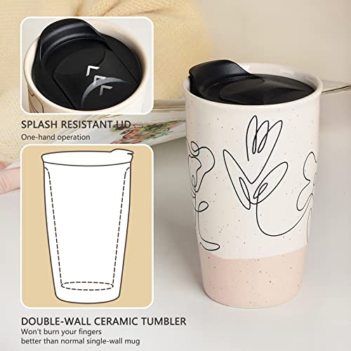 ANTIS'S HOME Ceramic Coffee Mug with Lid, Flower Pattern Double Wall Coffee Travel Mug Ceramic Tumbler 10 oz, Reusable Tall Cup, Splash Resistant Lid, Dishwasher Microwaveable Safe