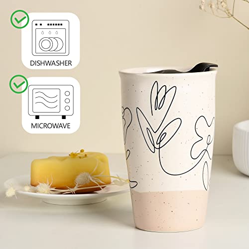 ANTIS'S HOME Ceramic Coffee Mug with Lid, Flower Pattern Double Wall Coffee Travel Mug Ceramic Tumbler 10 oz, Reusable Tall Cup, Splash Resistant Lid, Dishwasher Microwaveable Safe