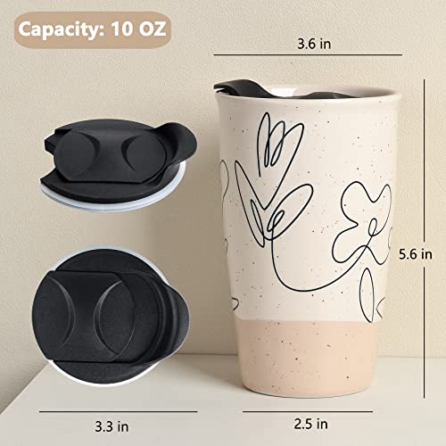 ANTIS'S HOME Ceramic Coffee Mug with Lid, Flower Pattern Double Wall Coffee Travel Mug Ceramic Tumbler 10 oz, Reusable Tall Cup, Splash Resistant Lid, Dishwasher Microwaveable Safe