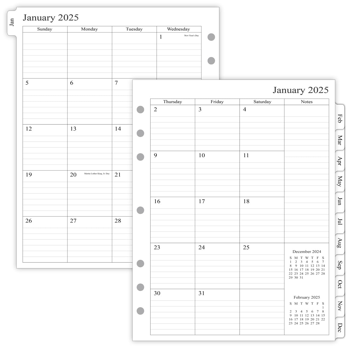 2024 Monthly Planner Refill Folio Size, 12 Months Run January 2024 to December 2024, Two Pages Per Month, 8-1/2" x 11", Size 5