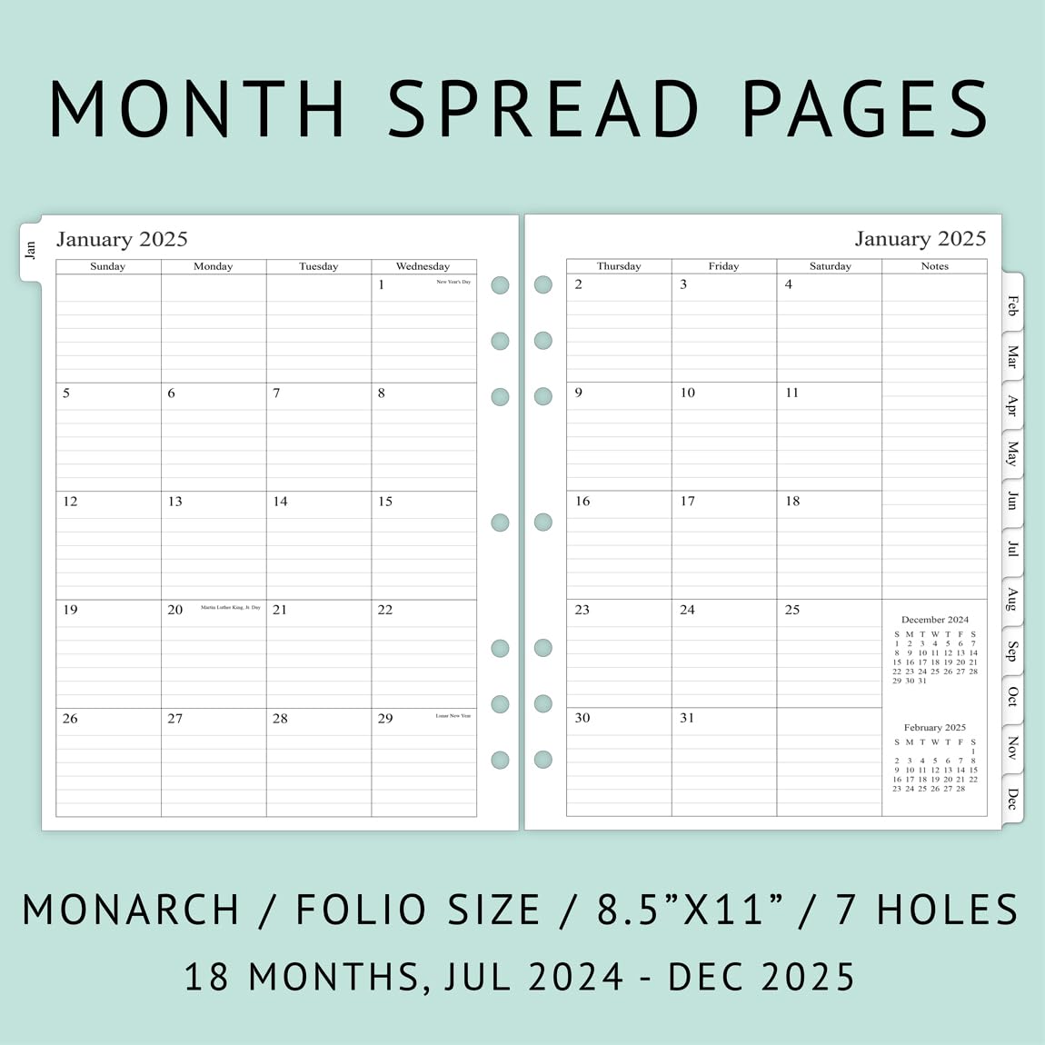 2024 Monthly Planner Refill Folio Size, 12 Months Run January 2024 to December 2024, Two Pages Per Month, 8-1/2" x 11", Size 5