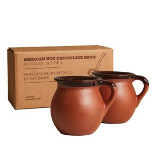 verve culture hot chocolate mugs, set of 2 mexican clay mugs, handmade coffee cups for cocoa, coffee and tea