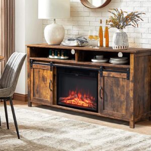 VINGLI Fireplace TV Stand for TVs Up to 65 Inch, Farmhouse Entertainment Center with 1500W/23'' Electric Fireplace Insert and Sliding Barn Doors (59'' x 16'' x 29'', Rustic Brown)