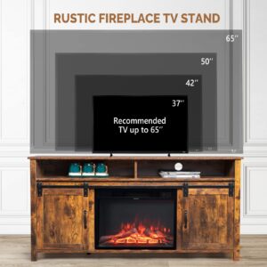 VINGLI Fireplace TV Stand for TVs Up to 65 Inch, Farmhouse Entertainment Center with 1500W/23'' Electric Fireplace Insert and Sliding Barn Doors (59'' x 16'' x 29'', Rustic Brown)