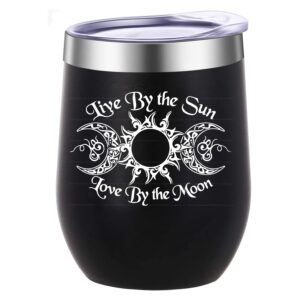 triple goddess wine tumbler 12 oz,triple moon dreamcatcher birthday gifts idea for women,witch witchy pagan gothic,art cup with lid,vacuum stainless steel coffee mug,live by sun love by moon( black)