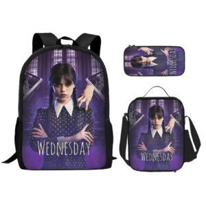 fuisse wednesday backpack 17 inch laptop bag teen backpack with travel bag, lunch bag, pencil case combo set-2, one size