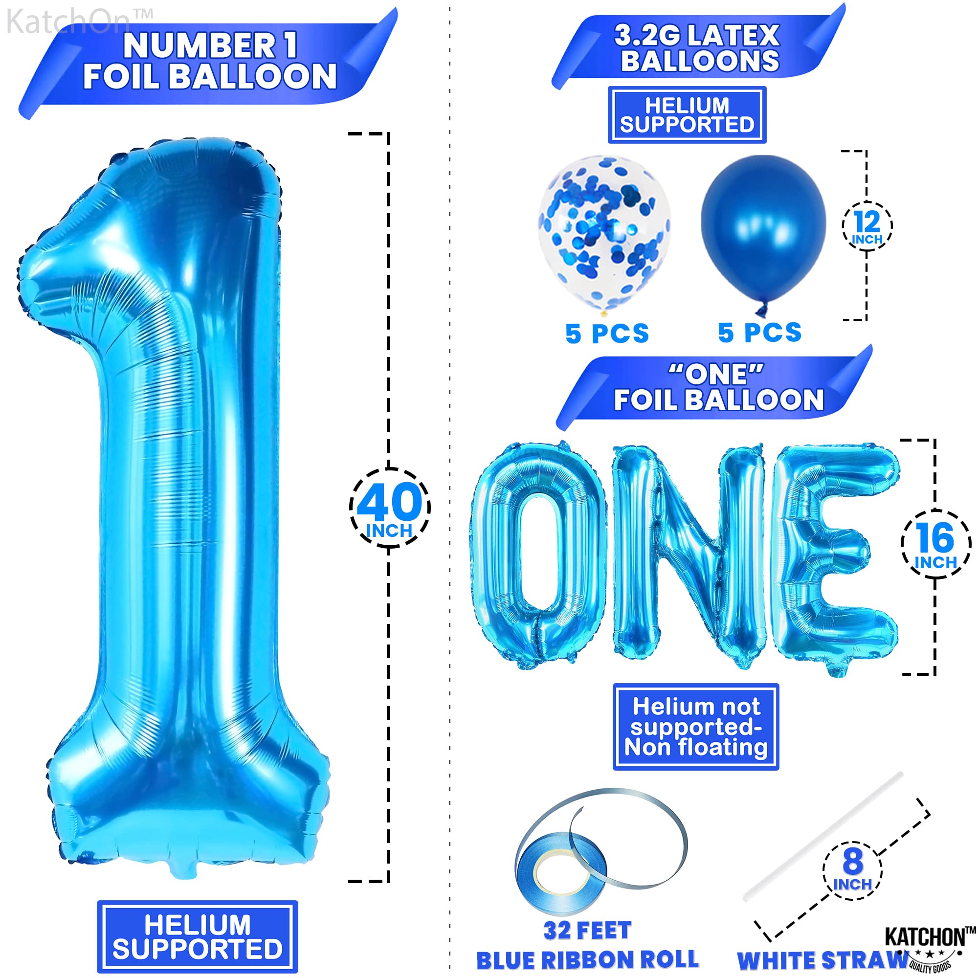 KatchOn, Blue 1 Balloon for First Birthday - Pack of 12 | Blue Number 1 Balloons, One Balloon Blue for Baby Shark 1st Birthday Decorations | Blue 1st Birthday Balloons for Boy | One Year Old Balloons