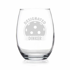 designated dinker - stemless wine glass - funny pickleball themed gifts and decor - gift for pickleball enthusiasts