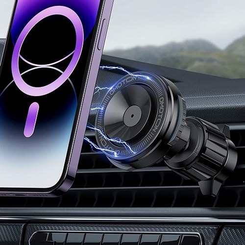 OMOTON for MagSafe Car Mount, O-Mag DriveSafe Magnetic Air Vent Car Phone Holder, Powerful Magnetic Mounting and Vacuum Suction Cup for iPhone 14 13 12 Pro Plus Max Mini MagSafe Case