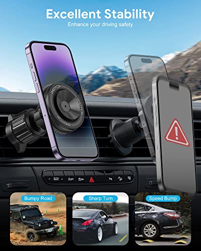 OMOTON for MagSafe Car Mount, O-Mag DriveSafe Magnetic Air Vent Car Phone Holder, Powerful Magnetic Mounting and Vacuum Suction Cup for iPhone 14 13 12 Pro Plus Max Mini MagSafe Case