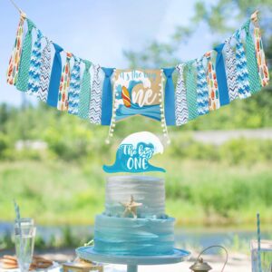 Vansolinne The Big One Highchair Banner 1st Birthday Boy Summer Beach Surf Birthday Party Decoration Baby First Blue Topper Cake Smash Party Decor Supplies Cute Photo Props Crown