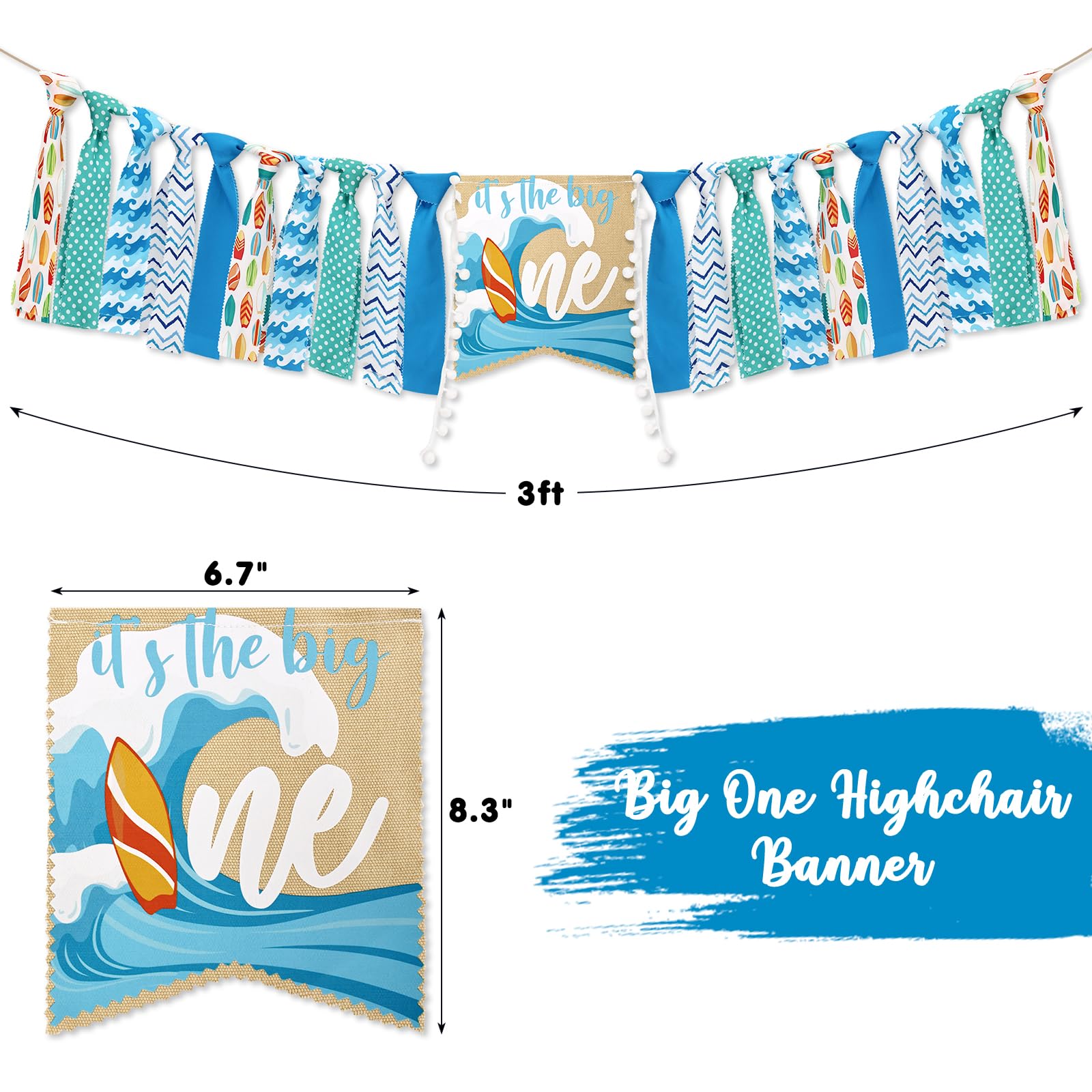 Vansolinne The Big One Highchair Banner 1st Birthday Boy Summer Beach Surf Birthday Party Decoration Baby First Blue Topper Cake Smash Party Decor Supplies Cute Photo Props Crown