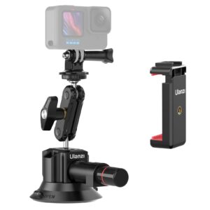 uurig sc-01 suction mount 3" for vlogging action camera car mount w smartphone clamp for iphone 14 13 pro max, 1/4" magic arm adapter mount desk suciton mount for car windshield window