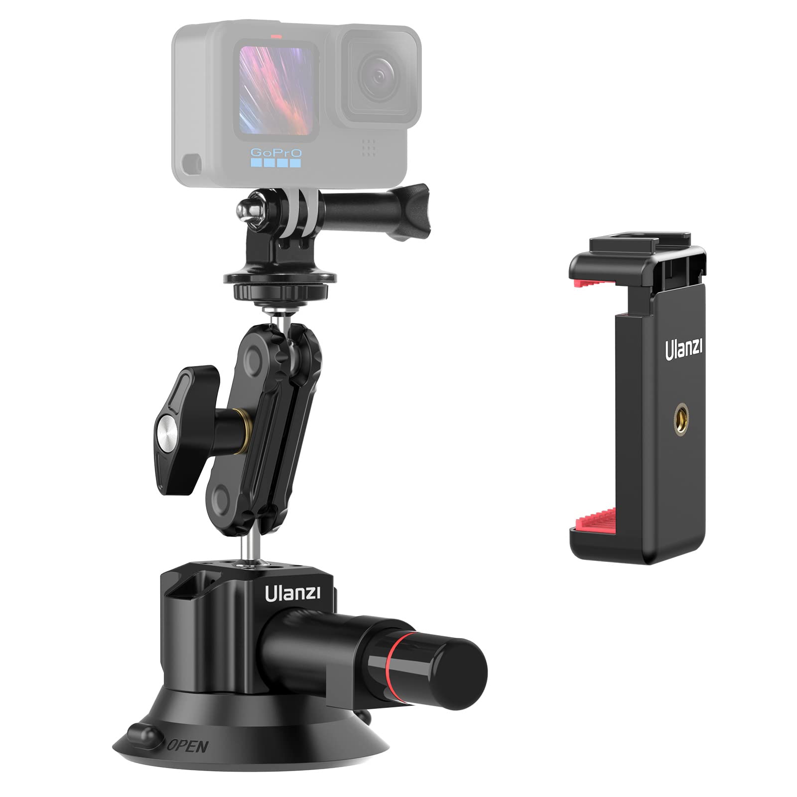 UURig SC-01 Suction Mount 3" for Vlogging Action Camera Car Mount w Smartphone Clamp for iPhone 14 13 Pro Max, 1/4" Magic Arm Adapter Mount Desk Suciton Mount for Car Windshield Window