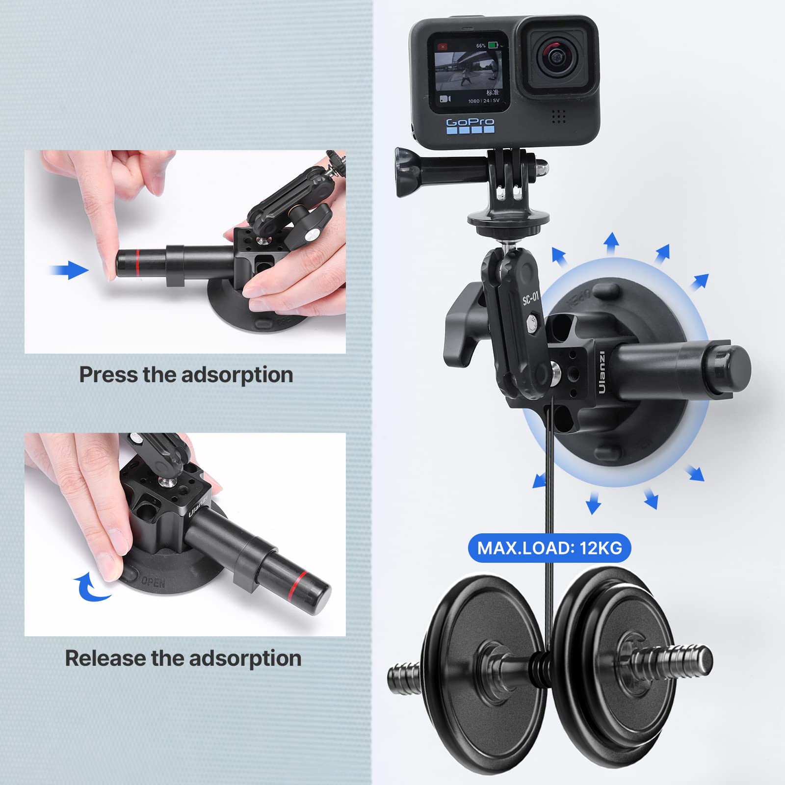 UURig SC-01 Suction Mount 3" for Vlogging Action Camera Car Mount w Smartphone Clamp for iPhone 14 13 Pro Max, 1/4" Magic Arm Adapter Mount Desk Suciton Mount for Car Windshield Window