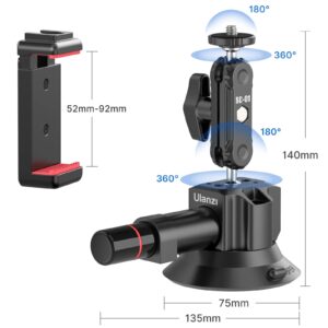 UURig SC-01 Suction Mount 3" for Vlogging Action Camera Car Mount w Smartphone Clamp for iPhone 14 13 Pro Max, 1/4" Magic Arm Adapter Mount Desk Suciton Mount for Car Windshield Window