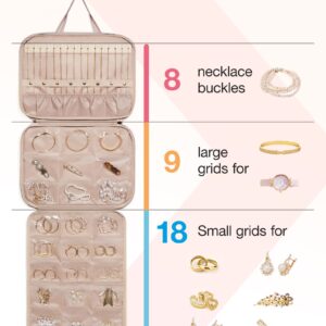 BAGSMART Travel Jewelry Organizer Case,Hanging Roll Jewelry Bag for Travel with Pockets,Large Capacity Jewelry Roll Bag for Rings,Necklaces,Earrings,Bracelets,Bracelets,Portable Travel Essentials,Pink