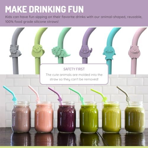 melii Reusable Silicone Animal Straws for Toddlers & Kids with Cleaning Brush – BPA Free, Dishwasher & Microwave Safe (6 Straws)