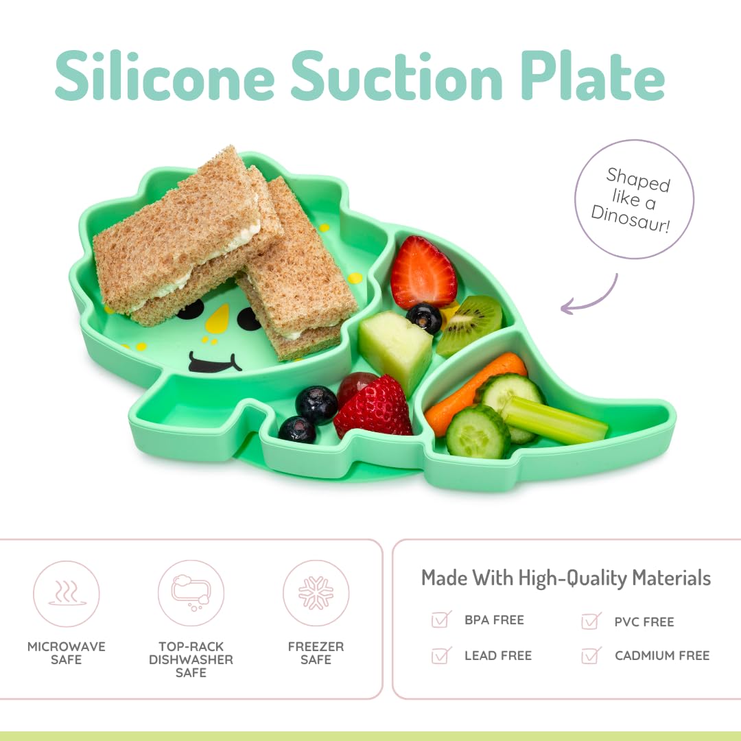 melii Divided Silicone Suction Plate - 100% Silicone, for Baby + Toddlers – BPA Free, Dishwasher & Microwave Safe (Dinosaur)