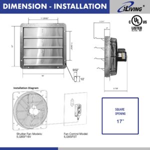 iLIVING 16" Wall Mounted Shutter Exhaust Fan, Automatic Shutter, with Thermostat and Variable Speed controller, 0.85A, 1200 CFM, 1800 SQF Coverage Area Silver (ILG8SF16V-ST)