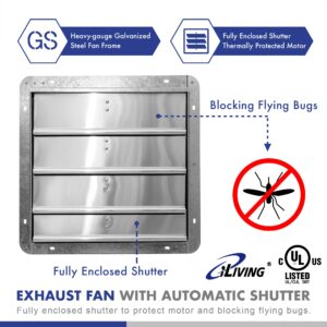 iLIVING 16" Wall Mounted Shutter Exhaust Fan, Automatic Shutter, with Thermostat and Variable Speed controller, 0.85A, 1200 CFM, 1800 SQF Coverage Area Silver (ILG8SF16V-ST)