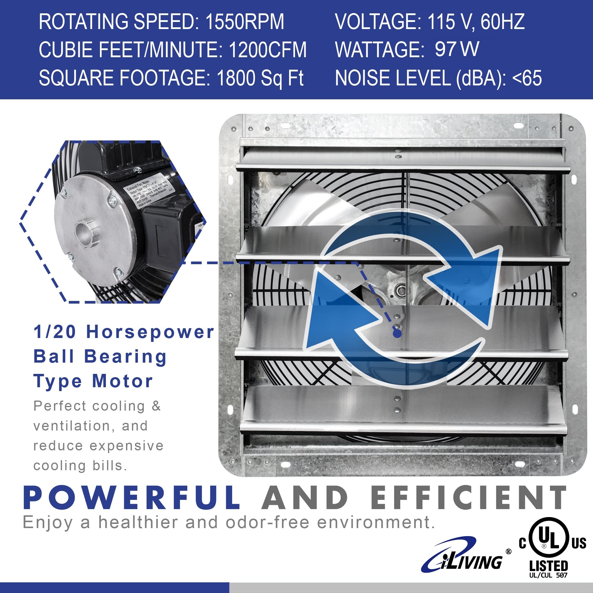 iLIVING 16" Wall Mounted Shutter Exhaust Fan, Automatic Shutter, with Thermostat and Variable Speed controller, 0.85A, 1200 CFM, 1800 SQF Coverage Area Silver (ILG8SF16V-ST)