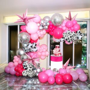 hot pink silver cow balloon garland kit 157pcs cow print disco ball star balloons for women birthday cowgirl last rodeo bachelorette party decorations
