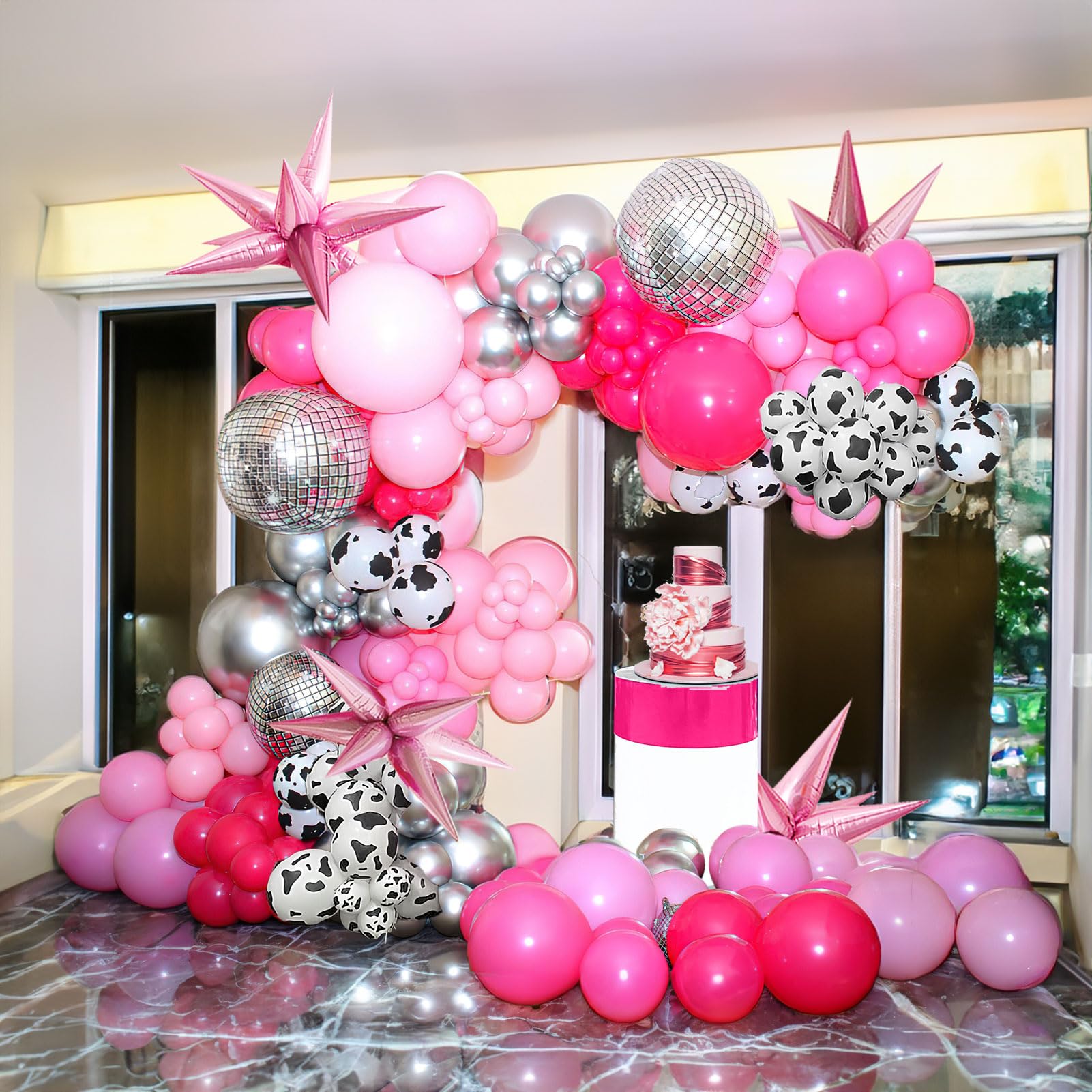 Hot Pink Silver Cow Balloon Garland Kit 157pcs Cow Print Disco Ball Star balloons for women birthday cowgirl last rodeo bachelorette party decorations