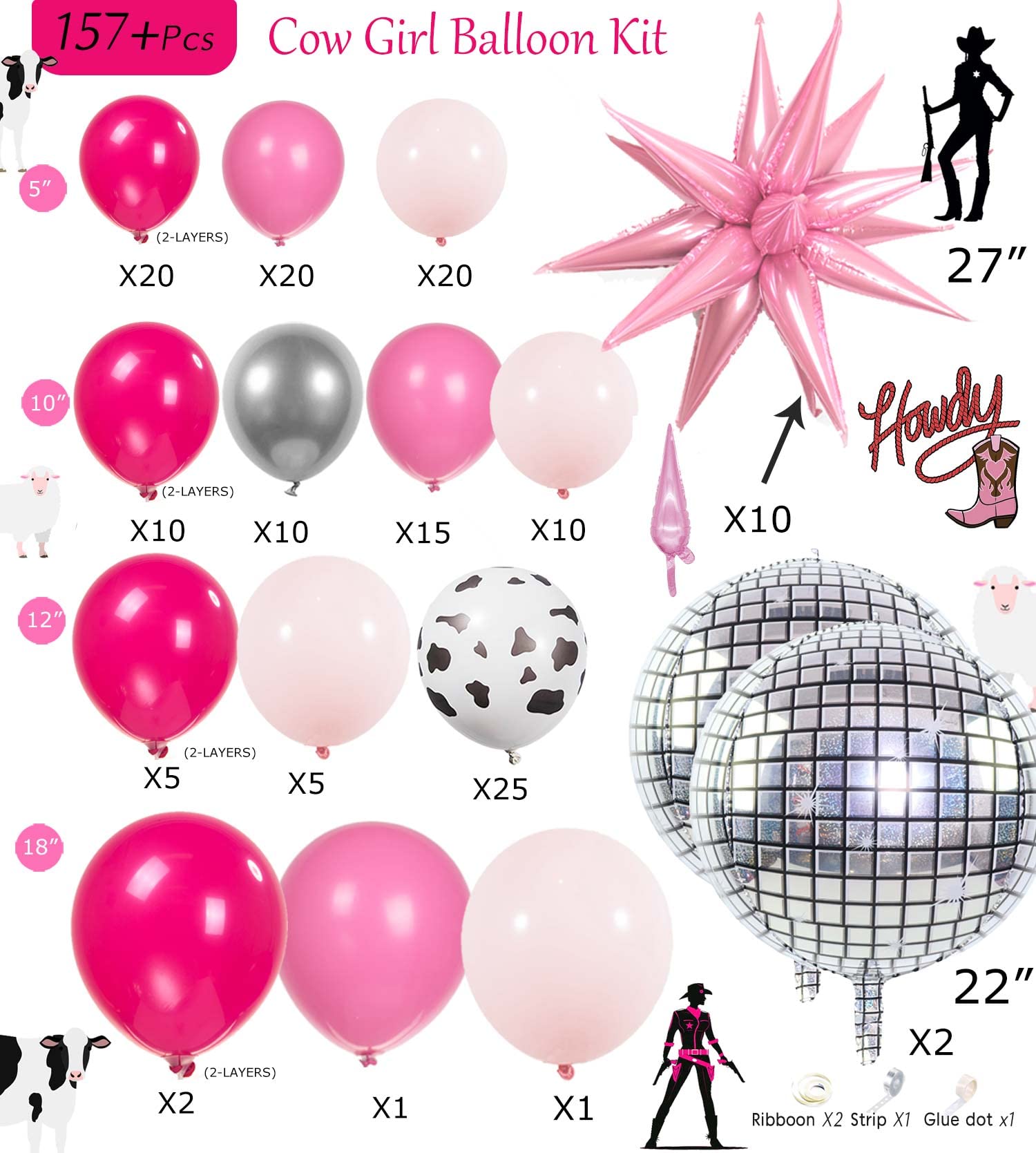 Hot Pink Silver Cow Balloon Garland Kit 157pcs Cow Print Disco Ball Star balloons for women birthday cowgirl last rodeo bachelorette party decorations