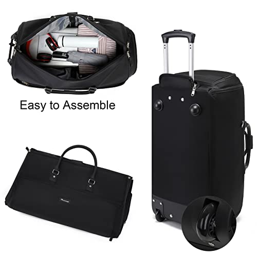 Modoker Rolling Garment Bags, Large Garment Duffle Bag with Wheels, 3 in 1 Garment Suit Luggage Bag for Women Men Business Travel Weekender, Black