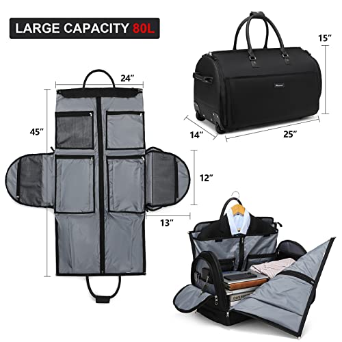 Modoker Rolling Garment Bags, Large Garment Duffle Bag with Wheels, 3 in 1 Garment Suit Luggage Bag for Women Men Business Travel Weekender, Black