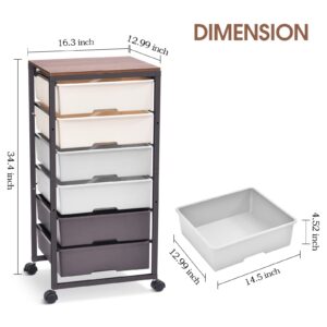 TOOLF Rolling Storage Cart with 6 Drawers, Wooden Tabletop, Easy Movement, Large Capacity, Durable Construction & Colorful Style in Black Bar