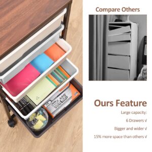 TOOLF Rolling Storage Cart with 6 Drawers, Wooden Tabletop, Easy Movement, Large Capacity, Durable Construction & Colorful Style in Black Bar