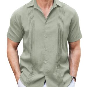 COOFANDY Cuba Shirt Linen Beach Shirts Mexican Wedding Dress Shirts Cabana Shirt Light Green