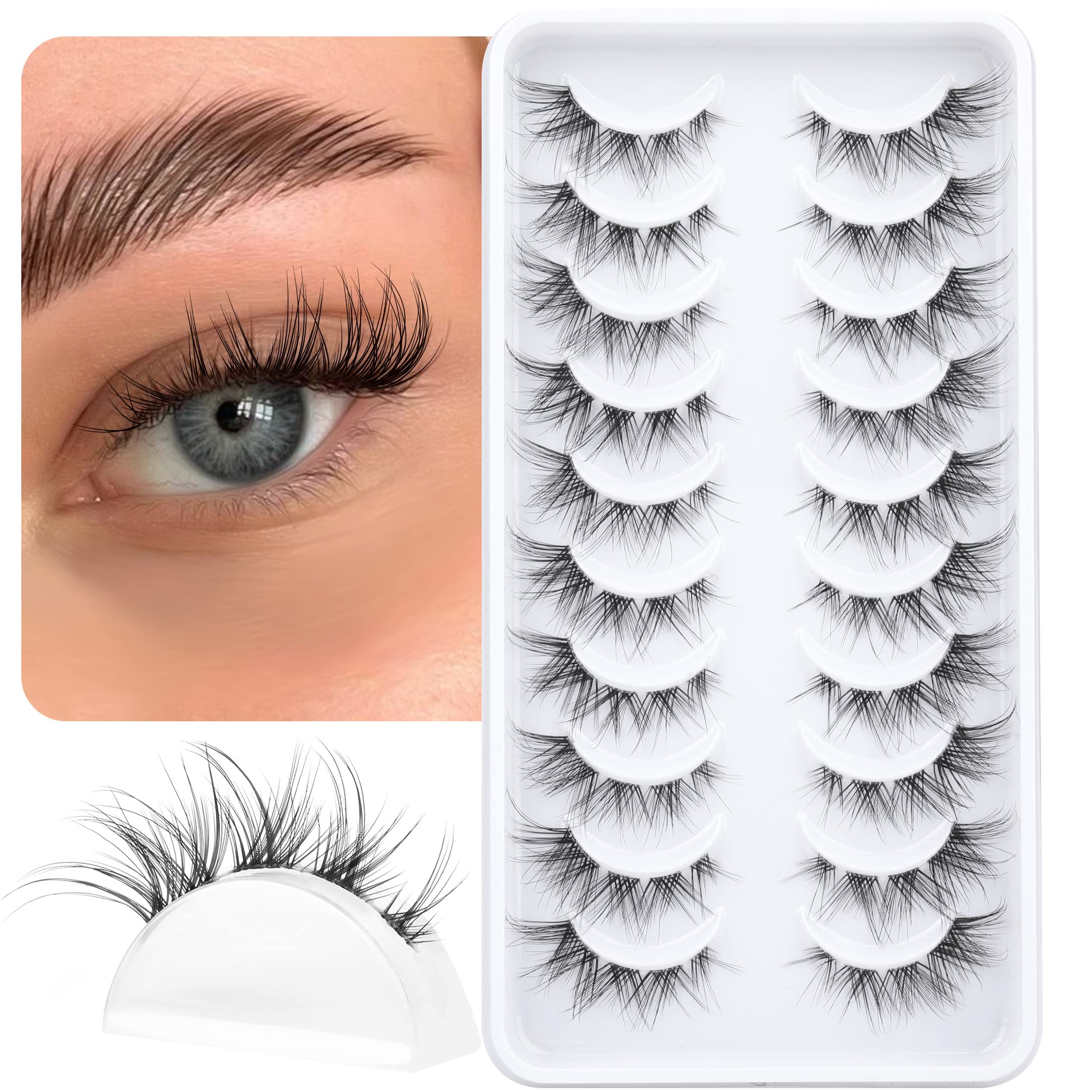 False Eyelashes Cluster Lashes Natural Look, Wispy Manga Eyelash Extensions Strip Cat Eye Lashes Pack with Clear Band Short Anime Korean Fake Eyelash 10 Pairs ALICROWN