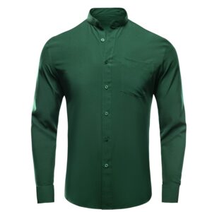 hi-tie forest green solid banded collar dress shirts for men 4 way stretch long sleeve wrinkle-free shirts with pocket regular fit button down