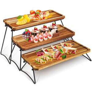 3 Tier Wooden Cupcake Stand Serving Tray, FODIENS Acacia Wood Dessert Table Display Set with Foldable Iron Frame, Decorative Tiered Charcuterie Boards Serving Trays Platters for Party Entertaining