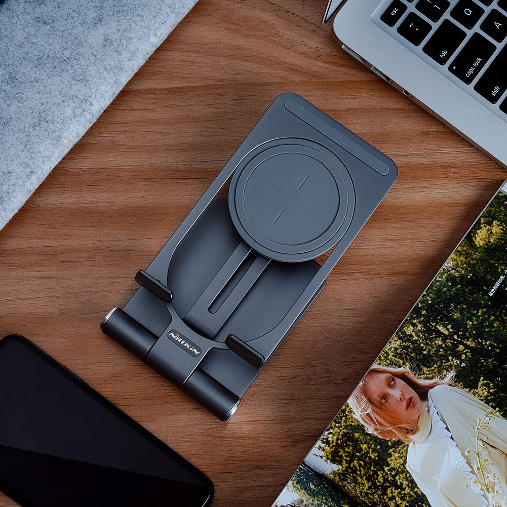 Nillkin Fast Wireless Charger - Metal Foldable and Adjustable Wireless Charging Stand for iPhone 15 14 13 12, Samsung Galaxy S24 S23 S22 S21 Ultra/Plus and Android Phones, PowerHold Mini Space Grey