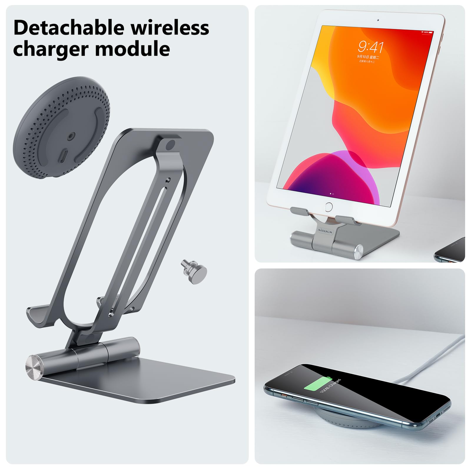 Nillkin Fast Wireless Charger - Metal Foldable and Adjustable Wireless Charging Stand for iPhone 15 14 13 12, Samsung Galaxy S24 S23 S22 S21 Ultra/Plus and Android Phones, PowerHold Mini Space Grey