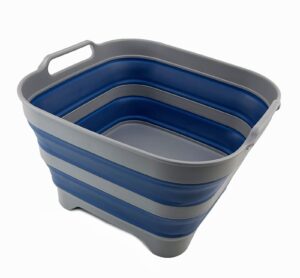 sammart 10l (2.6 gallons) collapsible plastic dishpan with draining plug - portable washing tub/basin - foldable tub - space saving kitchen storage (grey/mist blue)