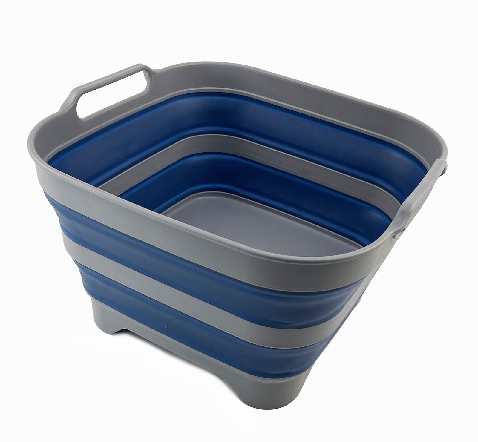 SAMMART 10L (2.6 gallons) Collapsible Plastic Dishpan with Draining Plug - Portable Washing Tub/Basin - Foldable Tub - Space Saving Kitchen Storage (Grey/Mist Blue)